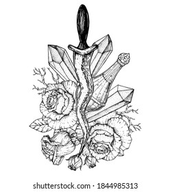 Dagger, roses and mystical items. Hand drawn vector illustration. Sketch illustration . Tattoo print. T-shirt design.