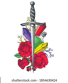 Dagger, roses and mystical items. Hand drawn vector illustration. Colorful illustration . Tattoo print. T-shirt design.