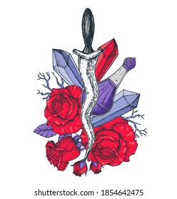 Dagger, roses and mystical items. Hand drawn vector illustration. Colorful illustration . Tattoo print. T-shirt design.