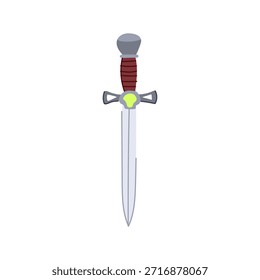Dagger with a sharp steel blade, brown wrapped grip and green gem on the hilt, fantasy style weapon icon evoking medieval adventure, combat and legendary quests