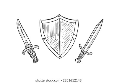 Dagger, shield, and sword hand-drawn cartoon doodle vector logo line art.