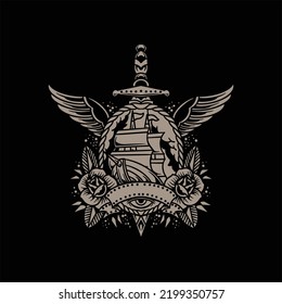 dagger and ship tattoo vector design