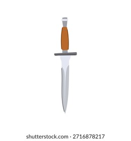 Daga con hoja plateada y protector cruzado y mango marrón, arma de estilo medieval afilado en Ilustración vectorial plana sobre fondo blanco, ícono aislado para uso de combate o fantasía