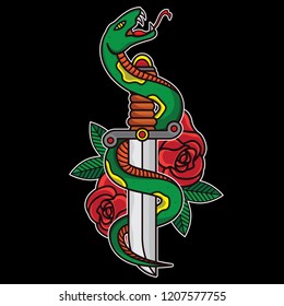 dagger and snake traditional tattoo, vector EPS 10