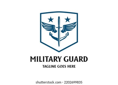 Dagger Sword Anchor Wings and Star with Shield Badge Emblem for Military Guard Logo Design