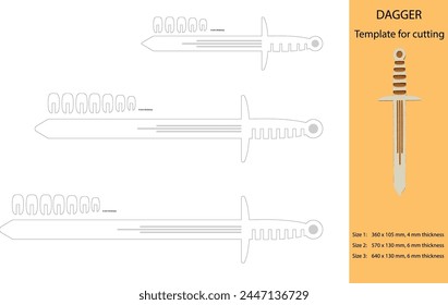 Dagger, sword laser cutting vector template. In 3 sizes for 4 mm and 6 mm thickness