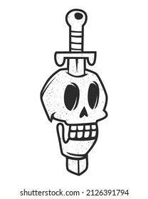 Dagger or sword pierces the skull, black and white silhouette in old school style. Design for tattoo, sticker, icon