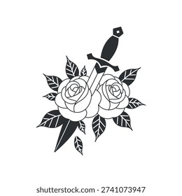 Dagger through roses with leaves graphic design