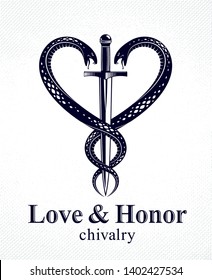 Dagger and two snakes in a shape of heart vector vintage style emblem or logo, chivalry love and honor concept, medieval Victorian style.