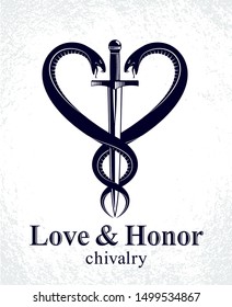 Dagger and two snakes in a shape of heart vector vintage style emblem or logo, chivalry love and honor concept, medieval Victorian style.