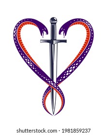 Dagger and two snakes in a shape of heart vector vintage style emblem or logo, chivalry love and honor concept, medieval Victorian style.