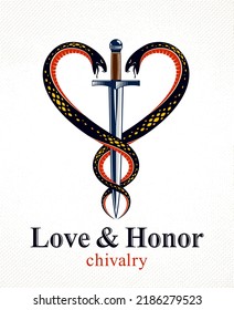 Dagger and two snakes in a shape of heart vector vintage style emblem or logo, chivalry love and honor concept, medieval Victorian style.