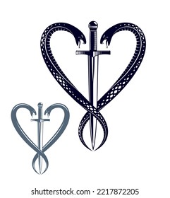 Dagger and two snakes in a shape of heart vector vintage style emblem or logo, chivalry love and honor concept, medieval Victorian style.