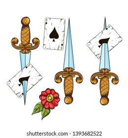 Daggers and playing cards on a white background. Cartoon style.