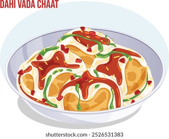 Dahi Bhalle oder Dahi Vada Chaat Plate. Mint, Tamarind Chutneys, Sev und Granatapfel Arils Toppings. Traditionelle indische Straße Snacks Illustration 