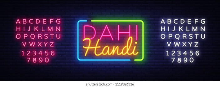 Dahi Handi Celebration Design Template. Janmashtami neon style, light banner, modern trend design. Indian holiday, Krishna's Birthday. Vector illustration. Editing text neon sign