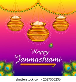 Dahi Handi, pot of cream on Krishna Janmashtami festival background of India in vector