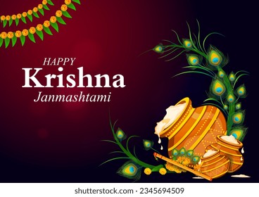 Dahi Handi, pot of cream on Krishna Janmashtami festival background of India in vector