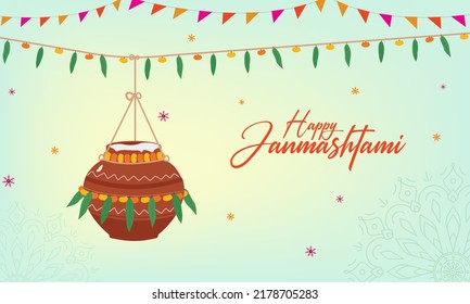 Dahi handi vector Illustration, Indian celebrating  Janmashtami festival background, Banner, social media post and brochure design 