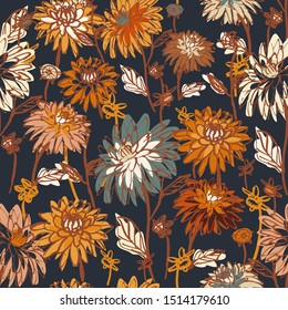 Dahlia and chrysanthemums bold seamless pattern, autumn colors, hand drawn illustration in Chinese style. Orange, teal and yellow flowers on dark background.