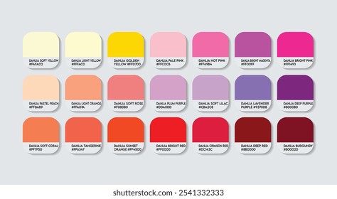 Dahlia Color Palette, Dahlia Flower Color Guide Palette with Color Names. Catalog Samples of Dahlia RGB HEX codes. Natural Dahlias flower variations, Fashion Trend Orange, Purple Dahlia Color Palette