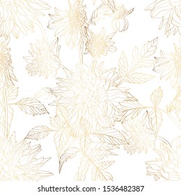 Dahlia floral golden line leaves and flowers seamless pattern, white background. Luxury wallpaper.