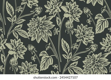 dahlia floral Victorian Damask vintage surface pattern , green flora Luxury Decorative Fabric Pattern. HAND DRAWN botanical BLOCK PRINT all over seamless