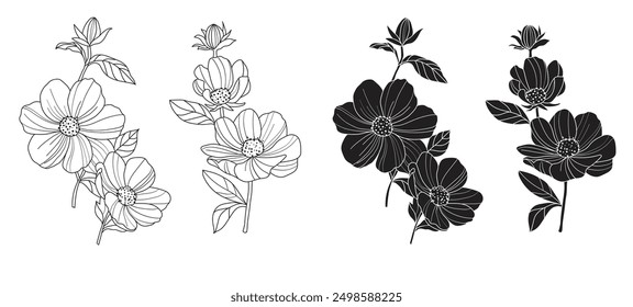 Dahlia flower line drawing set, hand draw vector line drawing