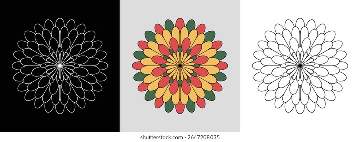 Dahlia flower mandala with intricate petal layers and vibrant color accents for floral decor.