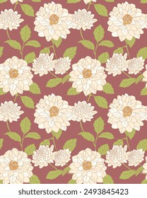Flor de Dahlia, diseño de patrón sin costura sobre fondo oscuro.