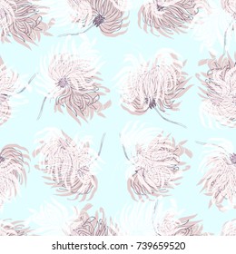 Dahlia Flower Seamless Pattern. Pastel pale light blue. Floral Background for textile, wallpaper, apparel, wrapping, packaging, wedding invitations, home decor, etc. Vector