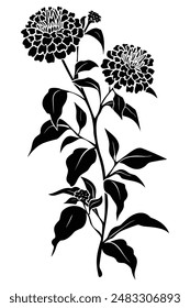 Dahlia flower silhouette in monochrome, blooming on a stem with lush leaves. Ideal for elegant and pattern design projects