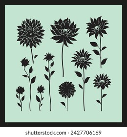 Dahlia flower silhouette set Clipart on a hex color background