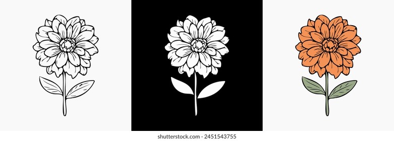 Dahlia Vektorgrafik auf weißem, isoliertem Hintergrund. wunderschöne botanische Illustration. Dekorative florale Silhouette.