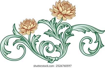 Flor de dalia vintage grabada con filigrana victoriana barroca remolino ornamento floral hoja verde scroll, tatuaje y patrón de diseño elemento de Vector