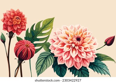 Dahlia flower watercolor floral design illustration. 