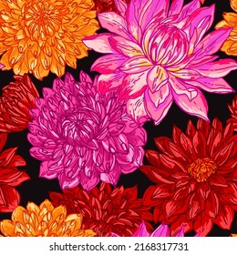 Dahlia Flowers Color Drawn On A White Background. Vector Sketch Of Flowers.