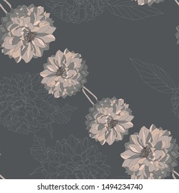 Dahlia flowers in diagonal chain in gentile pastel shades of powder pink and grey on darker grey background. Seamless vector pattern.