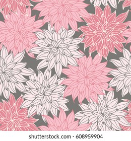 Dahlia flowers, hand drawn vector seamless pattern for textile, invitation, cards.