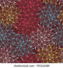 Dahlia flowers, hand drawn vector seamless pattern for textile, invitation, cards.