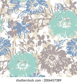 Dahlia flowers and leaves, seamless pattern. Seamless background. Flowers. Stylized textured flower.Floral Seamless Abstract grey with turquoise  flower background.