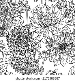 Dahlia Flowers Line Drawn On A White Background. Vector Sketch Of Flowers.