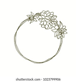 Dahlia Flowers Monogram Wreath Hand Drawn Line Art.