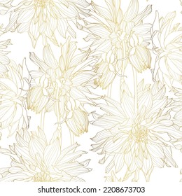 Dahlia. Golden line. Seamless pattern of dahlia flowers. Floral background.