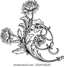 Dahlia e flor de lírio vintage gravado com vitoriano barroco na cor preta. Filigrana, redemoinho, ornamento floral decorativo folha pergaminho, tatuagem e padrão elemento design vetor ilustração