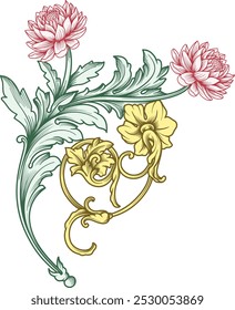 Dalia y lirio flor vintage grabado con barroco victoriano, filigrana, remolino, ornamento floral decorativo hoja verde scroll, tatuaje y patrón elemento diseño Ilustración vectorial