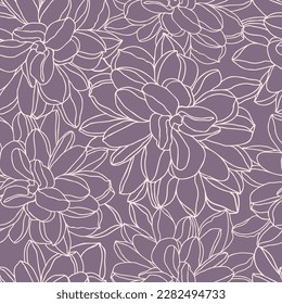 Dahlia line art flower head seamless pattern for surface design. Vector violet background 