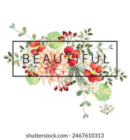 Dalia, flores de nasturtium, hojas verdes, ramo de bayas rojas, marco, fondo blanco. Impresión para camiseta, póster, con texto. Ilustración vectorial. Arreglo floral. Tarjeta de felicitación de Plantilla de diseño