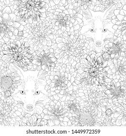 Dahlia pattern, floral ornament, fox in flowers. Seamless background. Hand drawn illustration for fabric, wrapping, prints and other design in vintage style