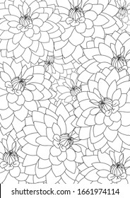 Dahlia pattern page of coloring book, great design for any purposes. Sketch for anti-stress adult coloring book pages in outline style. Spring garden dachlia flowers. print cup, textile, wallpaper. A4